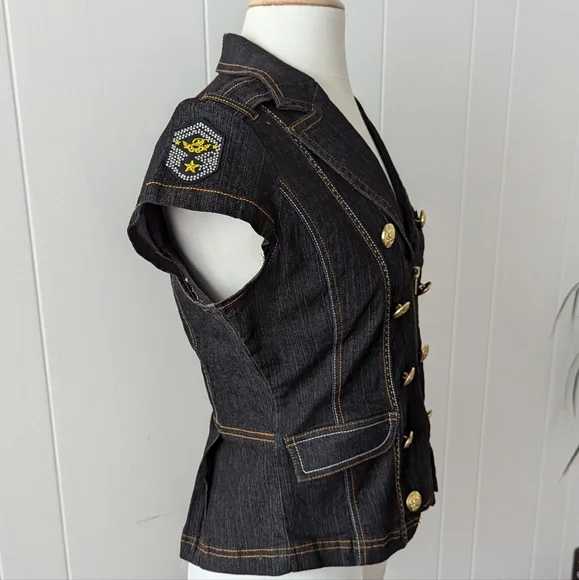 Vintage Y2K Dark Wash Denim Military Style Top by What's Hot Size M - Picture 3 of 7
